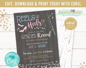 Reels or Heels Gender Reveal Invitation, Fishing or Fashion, Pink or Blue, Sex Reveal Party Invite, Boy or Girl, Printable