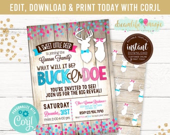 Buck or Doe Gender Reveal Invitation, deer gender reveal, buck or doe gender reveal, buck or doe invite, Sex Reveal Party, printable invites