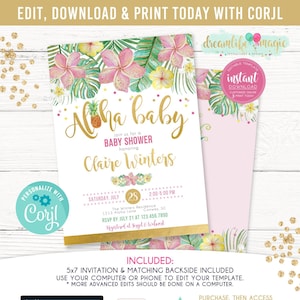 Aloha Baby Shower Invitation, Baby Girl Shower, Hawaiian Luau Pineapple Tropical Baby Sprinkle, Beach Baby Gender Neutral, Instant Download