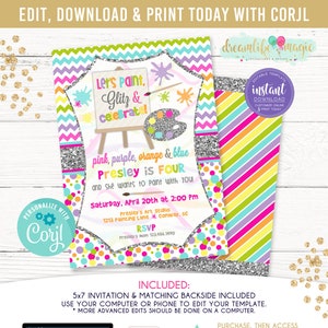 Art Party Birthday Invitation, Dress for a Mess, Painting Party, Let's Paint Party, Girl Art, INSTANT DOWNLOAD Editable Printable Invitation image 1