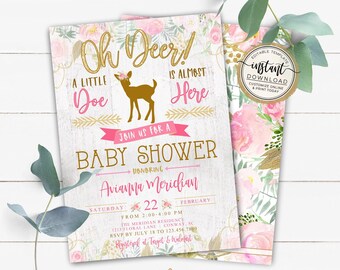 Oh Deer Baby Girl Shower Invitation, Little Deer Printable Invites, Woodland Floral Baby Shower Invite, Baby Brunch Shower, Sip and See, DIY