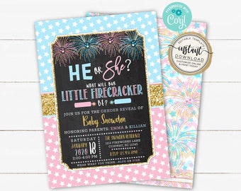 New Years Gender Reveal Invitation, Fireworks Gender Reveal Party, Firecracker, Shower Reveal Invite, Boy or Girl Invite, Editable Template