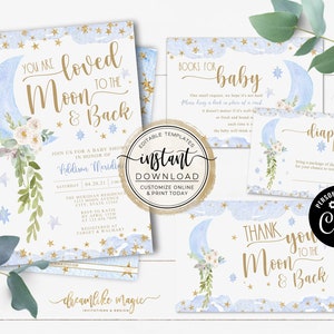 Love You to the Moon and Back Baby Shower Invitation, Over the Moon Baby Shower Invite Template, Instant Download, Editable Baby Boy Shower