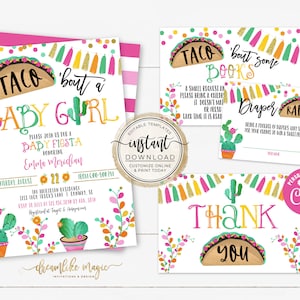 Taco 'bout a Baby Girl Shower Fiesta Einladung Bundle, druckbare bearbeitbare Vorlagen, Windel Tombola Karte, Bring a Book Anfrage Karteneinsätze