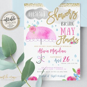 April Showers Bring May Flowers Baby Shower Invitation, Baby Girl Spring Sip & See, Baby Sprinkle Editable Template, Umbrella Baby Shower image 4