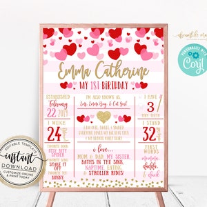 Sweetheart Birthday Poster, Valentines Themed Birthday, Hearts Party, February Birthday Poster, Birthday Stats Board, Printable Photo Prop