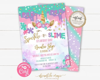 Unicorn Slime Invitation, Sparkle & Slime Birthday Party, Slime Party, Slime Making Party, Instant Download, Editable Invite DIY Template
