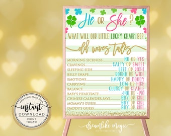 Lucky Charm Gender Reveal Old Wives Tales, Little Shamrock Gender Reveal, Printable 16x20 Poster, Party Decor, Boy or Girl, He or She, Irish