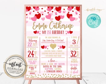 Sweetheart Birthday Poster, Valentines Themed Birthday, Hearts Party, February Birthday Poster, Birthday Stats Board, Printable Photo Prop