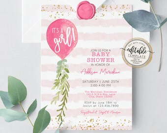 It's a Girl Baby Shower Invitation Template, Watercolor Balloon, Girl Baby Shower Invites Pink Balloon, Printable Invite Editable Invitation