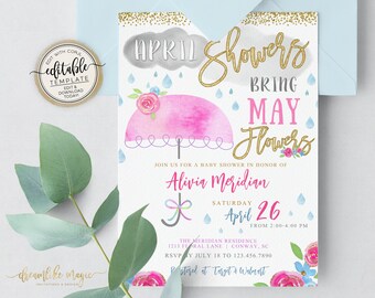 April Showers Bring May Flowers Baby Shower Invitation, Baby Girl Spring Sip & See, Baby Sprinkle Editable Template