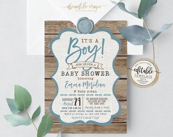 Boy Rustic Baby Shower Invitation, It's A Boy Wood Editable Invite, Invitation for Baby Boy, Editable Corjl Template, Oh Boy Shower Invites