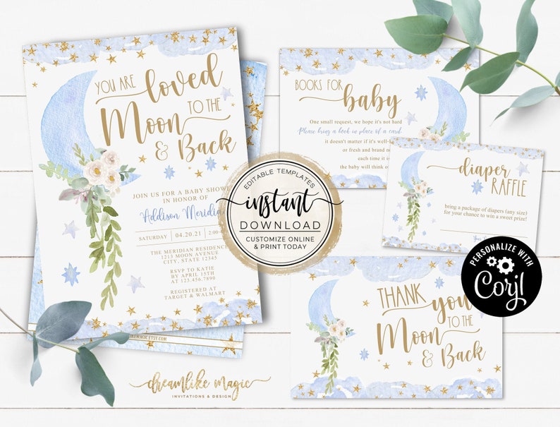 Love You to the Moon and Back Baby Shower Invitation Over the Moon Baby Shower Invite Template Instant Download Editable Baby