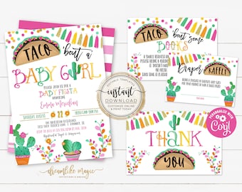 Taco 'bout a Baby Girl Shower Fiesta Invitation Bundle, Printable Editable Templates, Diaper Raffle Card, Bring a Book Request Card Inserts