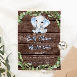 Elephant Boy Baby Shower Invitation, Little Peanut is on the way, Blue Rustic Wood Style, Self Editable Invite Template, Safari Baby Shower image 3