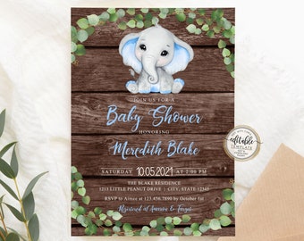 EDITABLE Elephant Baby Shower Invitation, Boy Baby Shower, Greenery Safari Baby Shower Invitation, Little Peanut, EDIT YOURSELF Digital