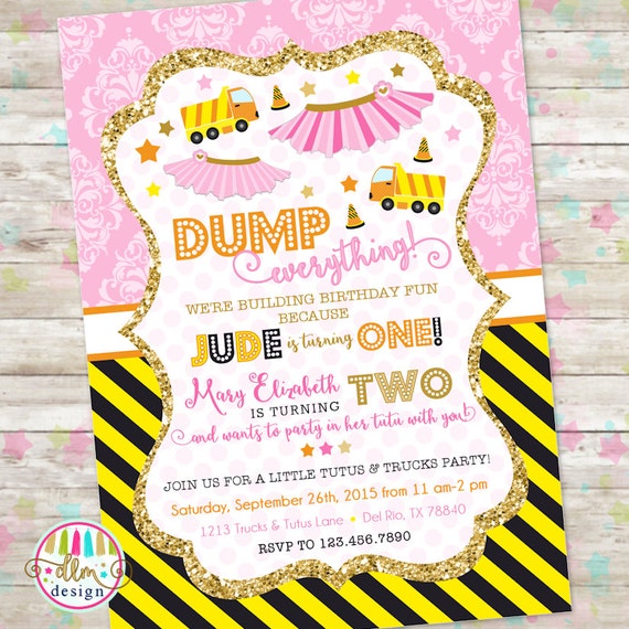 Dump Truck And Tutu Invitation Trucks And Tutus Double Etsy
