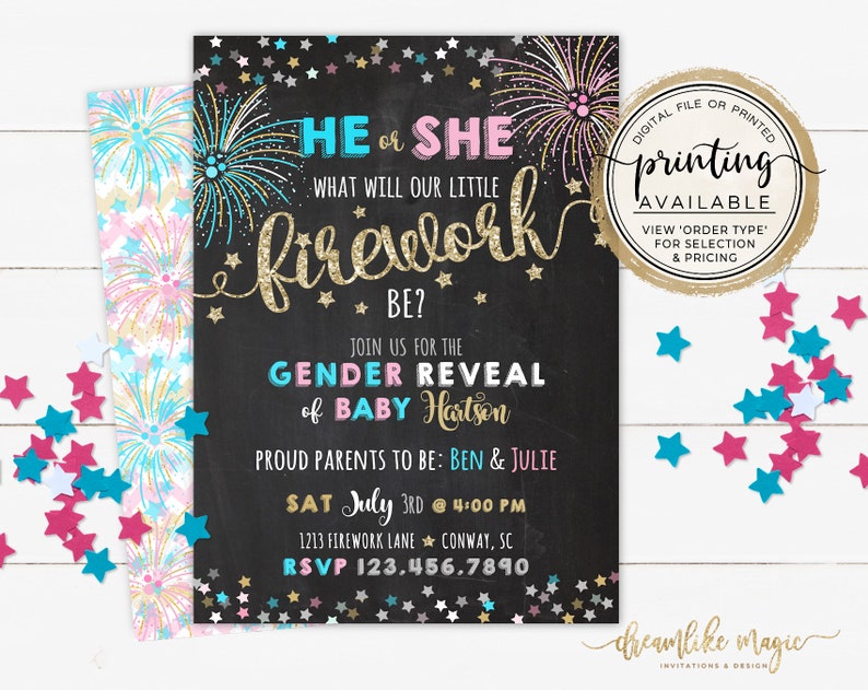 New Year's Gender Reveal Invite, Fourth of July, Firework Gender Reveal, Firecracker, Summer Gender Reveal, Fireworks, Reveal Invitation image 1