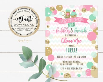 Bubbles & Brunch Birthday Invitation, Bubbles Girl Birthday Party, Bubbly Fun Birthday, Printable Editable Template, Birthday Brunch Invites