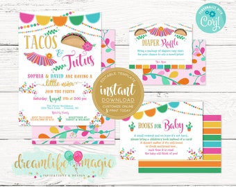 Tacos and Tutus Baby Girl Fiesta, Spanish, Mexican Themed Shower, Couples, A Little Nina On the Way, Editable Baby Shower Invitation Set