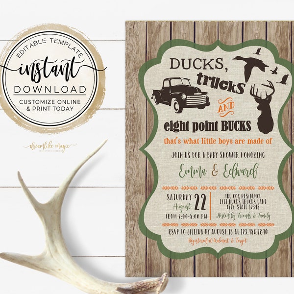 Ducks Trucks and Bucks, BABY BOY Shower Invitation, Camo Hunting Deer Baby Sprinkle Invite, Printable Editable Template, Rustic Southern