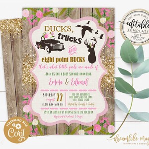 Ducks Trucks and Bucks, BABY GIRL Shower Invitation Set, Rustic Wood Southern Girly Hunting Deer Baby Sprinkle Invite, Printable Editable image 7