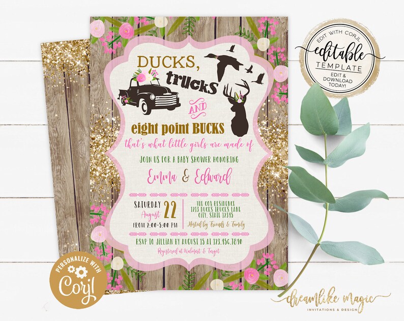 Ducks Trucks and Bucks, BABY GIRL Shower Invitation Set, Rustic Wood Southern Girly Hunting Deer Baby Sprinkle Invite, Printable Editable image 7