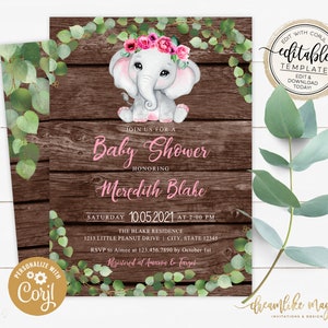 Elephant Baby Shower Invitation, Little Peanut is on the way, Pink, Girl Greenery Floral, Rustic Wood Style, Self Editable Invite Template image 2