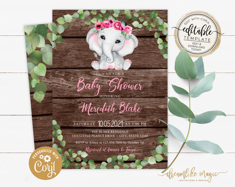 Elephant Baby Shower Invitation, Little Peanut is on the way, Pink, Girl Greenery Floral, Rustic Wood Style, Self Editable Invite Template image 2