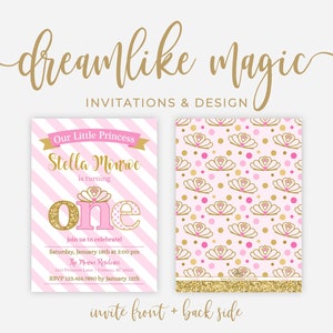 Princess Birthday Invitation, 1st Birthday Party Invite, Editable Invitation Template, Pink and Gold Girl Birthday Invite, Turning One image 2