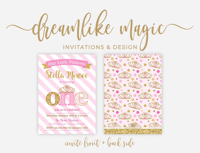 Princess Birthday Invitation, 1st Birthday Party Invite, Editable Invitation Template, Pink and Gold Girl Birthday Invite, Turning One image 2