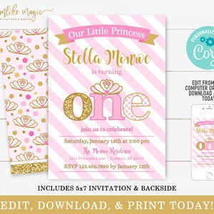 Princess Birthday Invitation, 1st Birthday Party Invite, Editable Invitation Template, Pink and Gold Girl Birthday Invite, Turning One