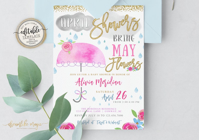 April Showers Bring May Flowers Baby Shower Invitation, Baby Girl Spring Sip & See, Baby Sprinkle Editable Template, Umbrella Baby Shower image 4