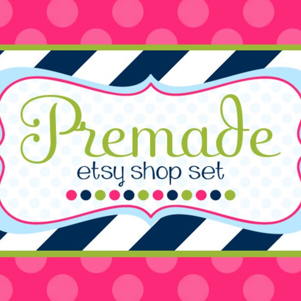 Navy Stripes Prep with Pink and Green - Premade Etsy Set