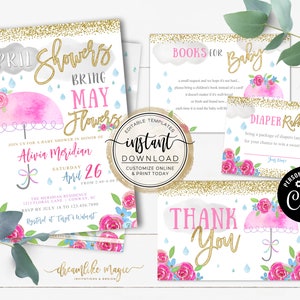 April Showers Bring May Flowers Baby Shower Invitation, Baby Girl Spring Sip & See, Baby Sprinkle Editable Template, Umbrella Baby Shower image 1