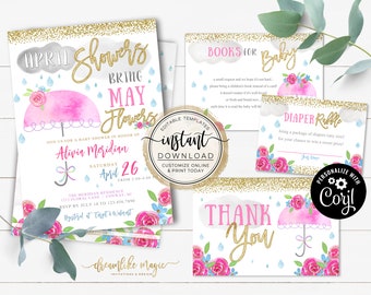 April Showers Bring May Flowers Baby Shower Invitation, Baby Girl Spring Sip & See, Baby Sprinkle Editable Template, Umbrella Baby Shower