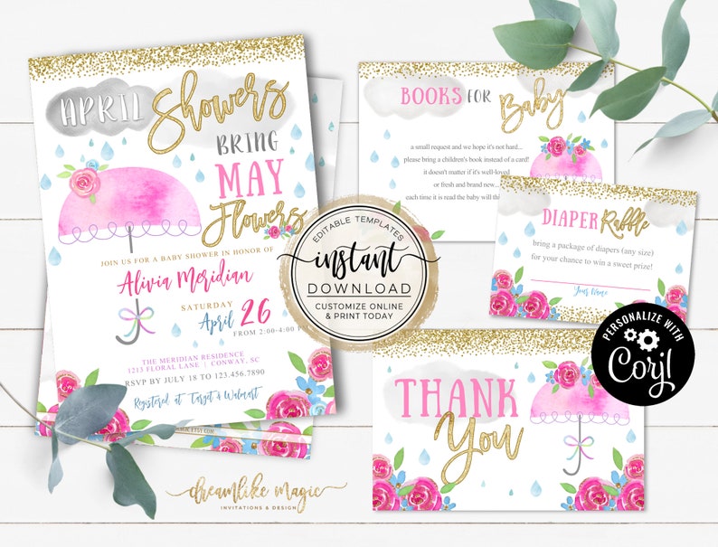 April Showers Bring May Flowers Baby Shower Invitation, Baby Girl Spring Sip & See, Baby Sprinkle Editable Template, Umbrella Baby Shower image 1