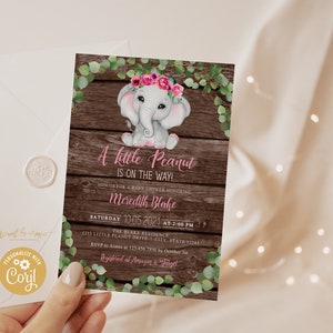Elephant Baby Shower Invitation, Little Peanut is on the way, Pink, Girl Greenery Floral, Rustic Wood Style, Self Editable Invite Template image 6