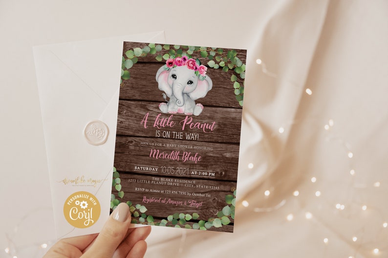 Elephant Baby Shower Invitation, Little Peanut is on the way, Pink, Girl Greenery Floral, Rustic Wood Style, Self Editable Invite Template image 6