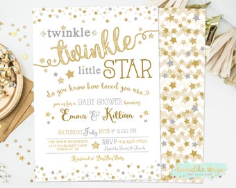 Twinkle Twinkle Little Star Baby Shower Invitation, Printable or Printed Invites, Personalized Gender Neutral Baby Invite Faux Gold Glitter