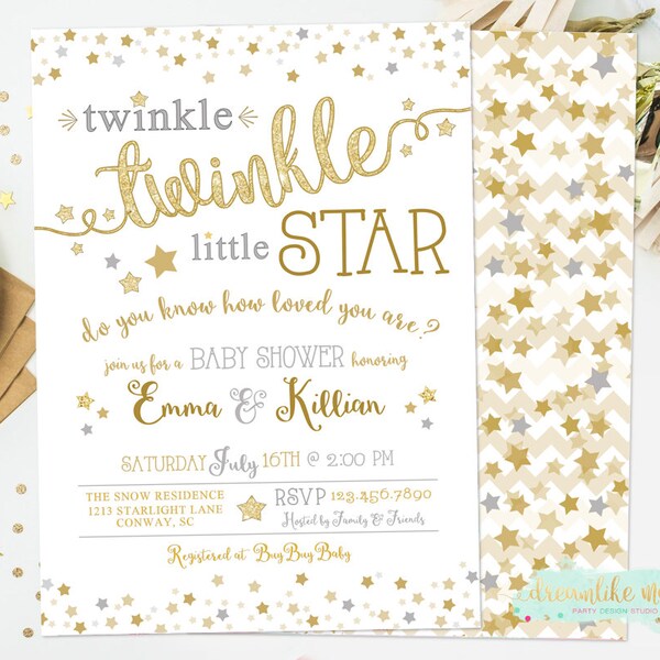 Twinkle Twinkle Little Star Baby Shower Uitnodiging, Afdrukbare of gedrukte uitnodigingen, gepersonaliseerde gender neutrale baby uitnodigen Faux Gold Glitter