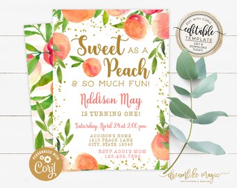 Peach First Birthday Invitation, Sweet as a Peach Girl First Birthday Watercolor Birthday Invitation, First Birthday Peaches Editable Invite