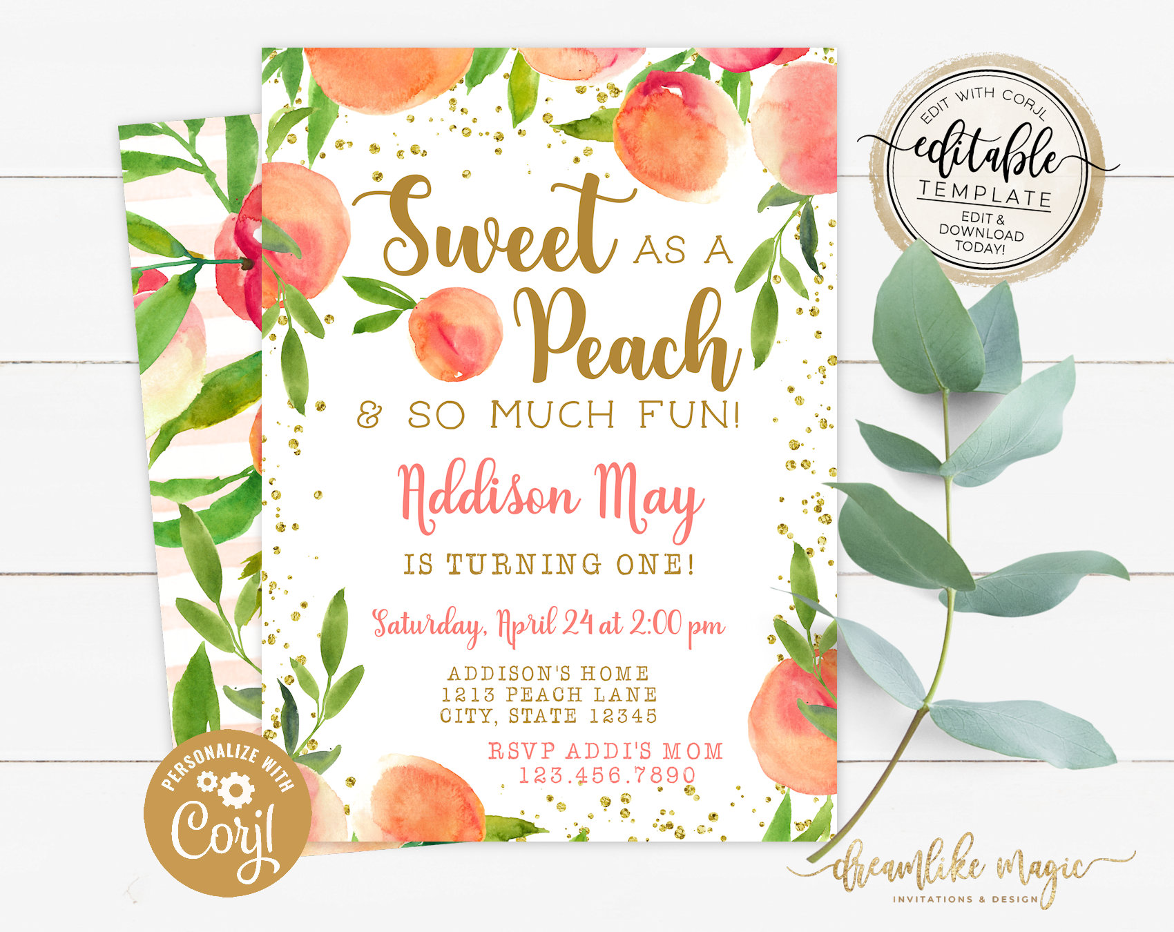 Pfirsich erste Geburtstagseinladung, süß wie ein Pfirsich Mädchen erster Geburtstag Aquarell Geburtstagseinladung, erster Geburtstag Pfirsiche bearbeitbar einladen