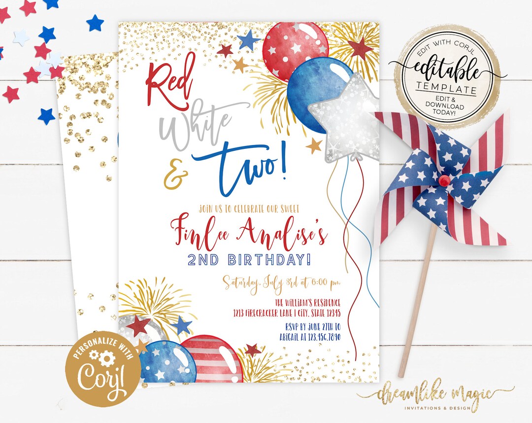 Red White and Two, 2nd Birthday Invitation, 4th of July Invite ...