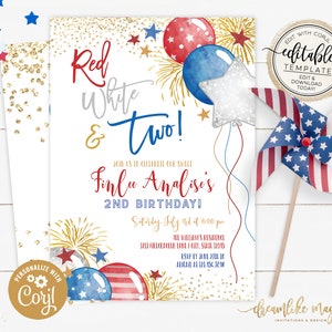 Red White and Two, 2nd Birthday Invitation, 4th of July Invite, Independence Day Birthday Editable Invitation, 4th July Party Two Birthday