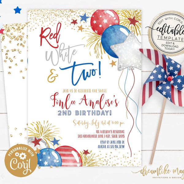 Red White and Two, 2nd Birthday Invitation, 4th of July Invite, Independence Day Birthday Editable Invitation, 4th July Party Two Birthday