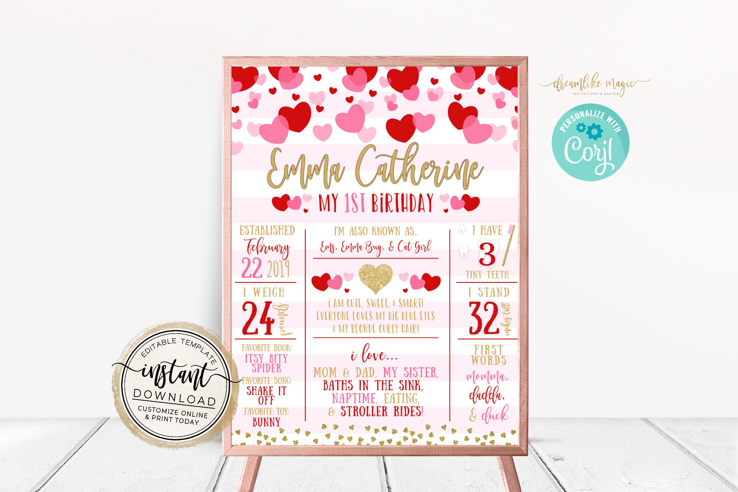 Sweetheart Birthday Poster, Valentines Themed Birthday, Hearts Party, February Birthday Poster, Birthday Stats Board, Printable Photo Prop