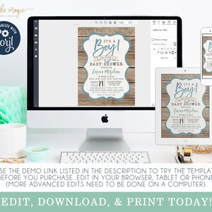 It's a Boy Baby Shower Invitation Template, Rustic Wood Baby Shower, Boy Baby Shower Invites, Printable Invite Editable Invitation Baby Boy image 2