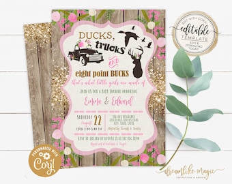 Ducks, Trucks, and Bucks, BABY GIRL Shower Invitation, Girly Hunting Deer Baby Sprinkle Invite, Printable Editable Template, Rustic Southern