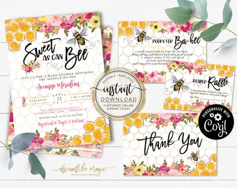 Sweet as Can Bee Baby Shower Bundle, Bee Baby Shower Invitation, Books for Baby, Diaper Raffle, Thank You, DIY Printable Editable Templates